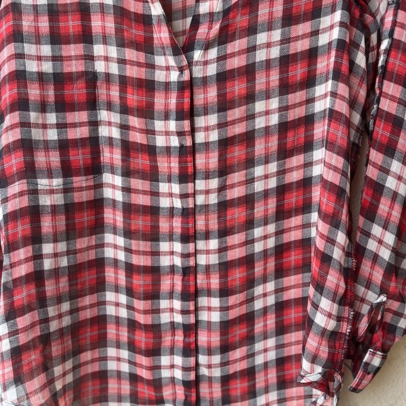 Band of Gypsies red plaid button-up, tunic length, sheer material, size Small - Picture 7 of 8